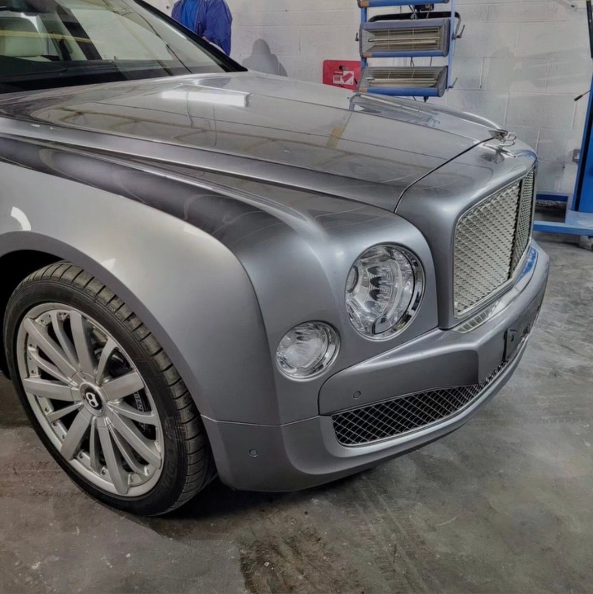 A silver Bentley Mulsanne in the Rewind Bodyshop bay